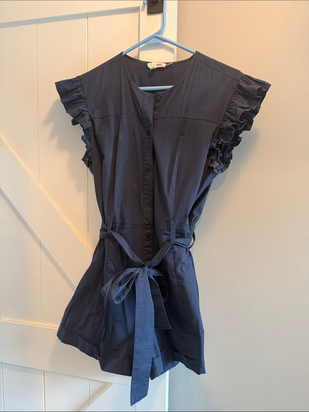 Navy Ruffle-Sleeve Button Front Romper with Waist Tie